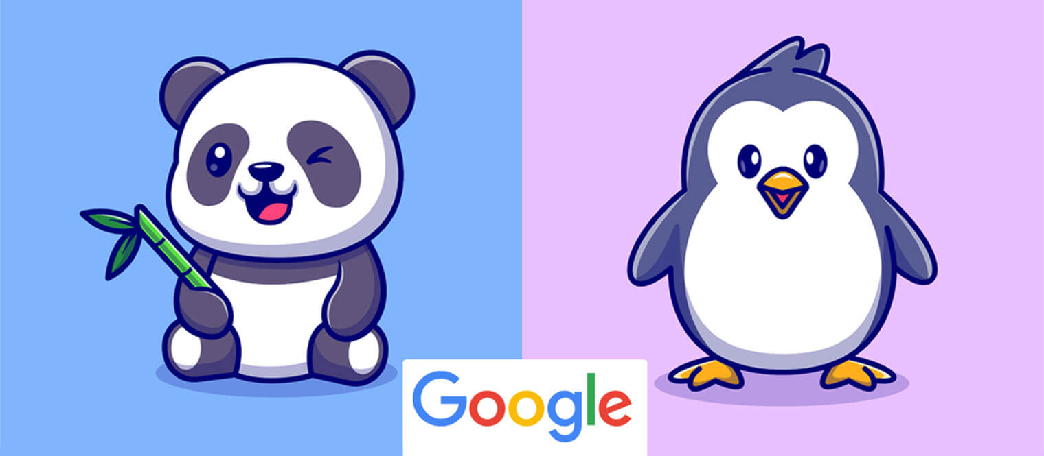 illustrative graphic of panda and penguin characters
