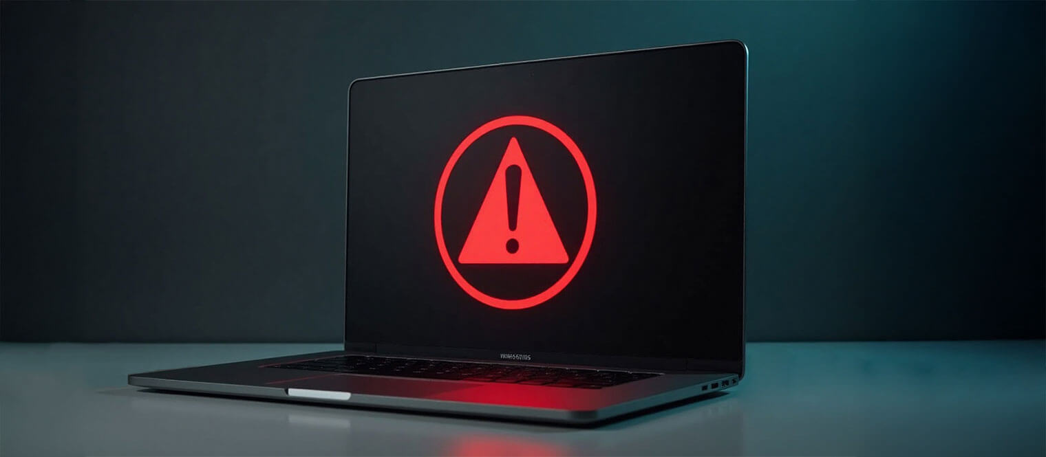 Laptop with warning sign visible on screen.
