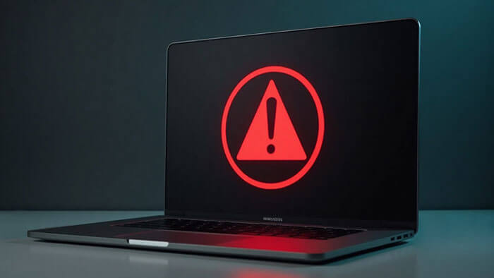 laptop with warning sign visible on screen