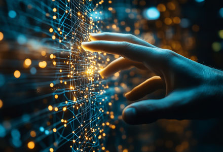 A hand glowing touching wire lines representing digital transformation.