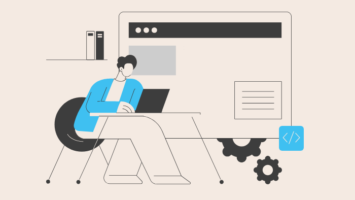 Cartoon of a person sat at a desk. A tablet and web icons surround in the background.
