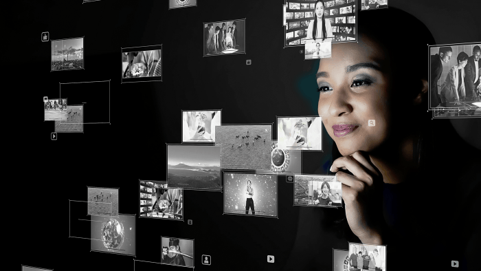 a glamorous woman watching multiple videos at once on a futuristic screen