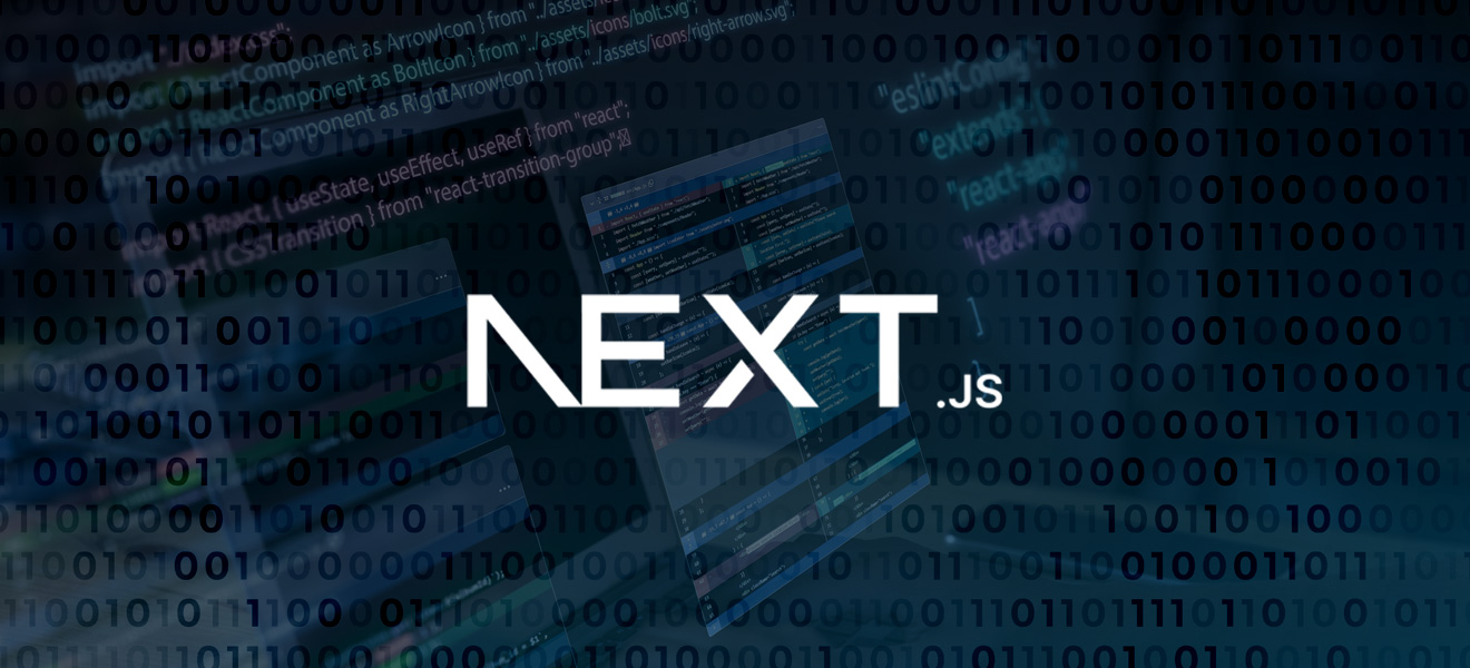Next.js logo with coding background - full width