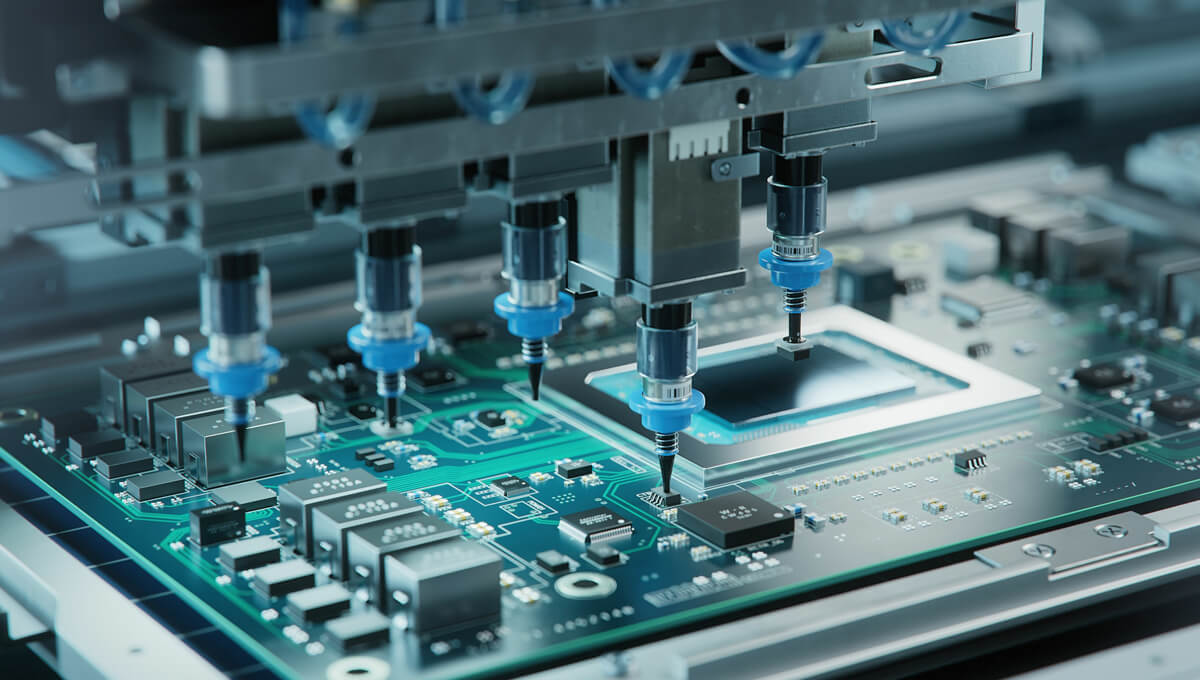 a robotic arm applying circuit boards to medical devices in a factory