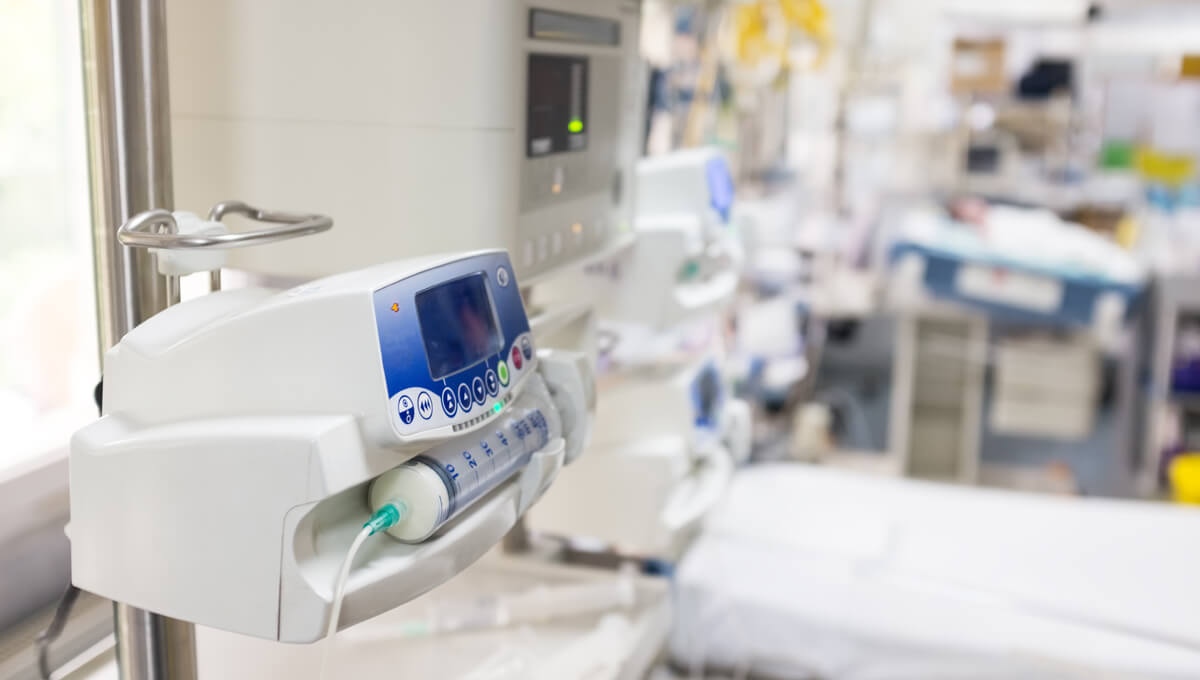 a ventilator machine in an NHS hospital's acute medical care ward