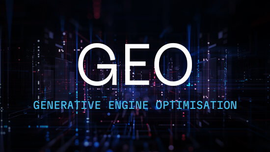 a dark abstract background with the text 'GEO - Generative Engine Optimisation' overlaid on top