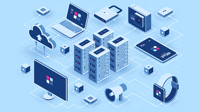 Various technical graphics on a blue background