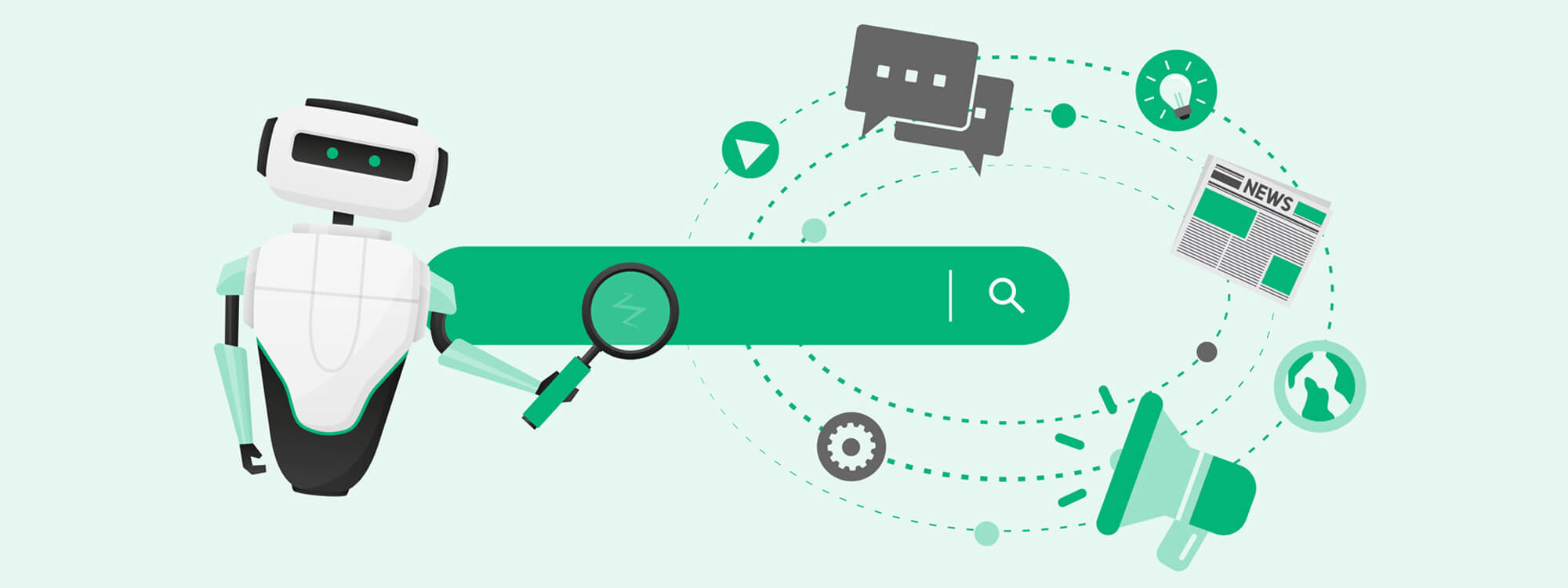 a white robot on a light green background in an illustrative style