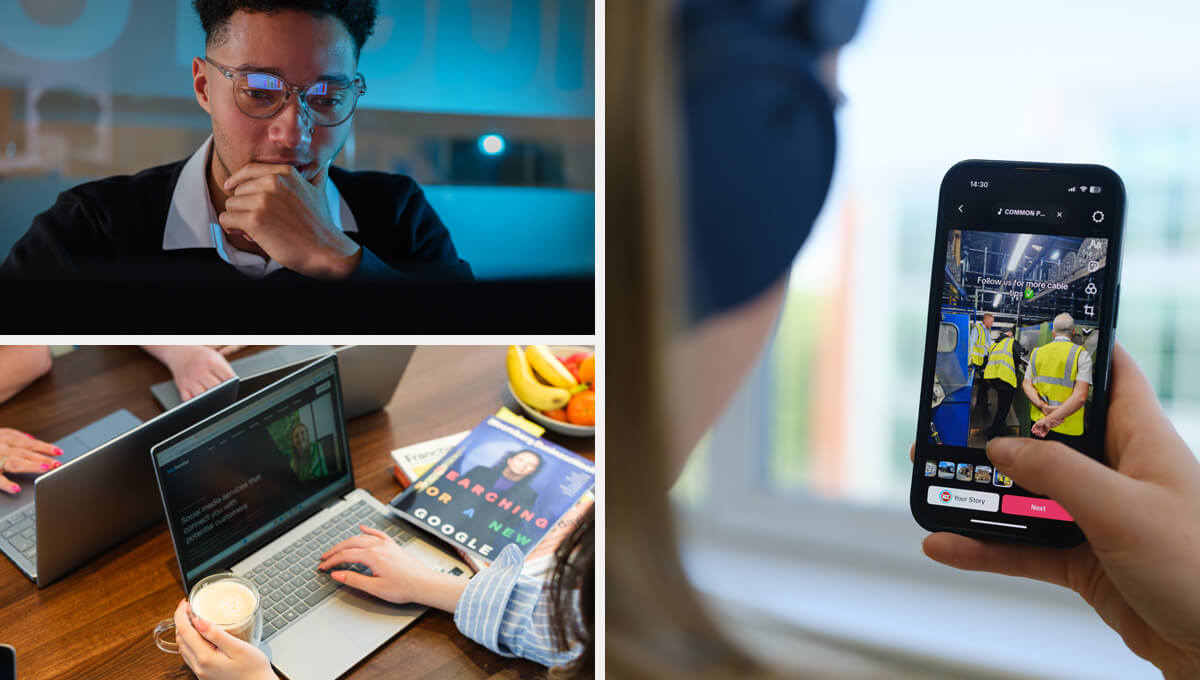 a photo collage depicting people using their mobile phones and laptops to read content