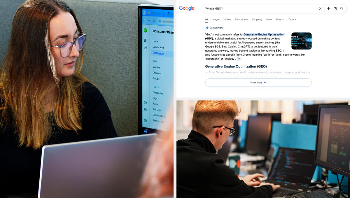 a photo collage depicting people using their laptops and an AI-generated search result