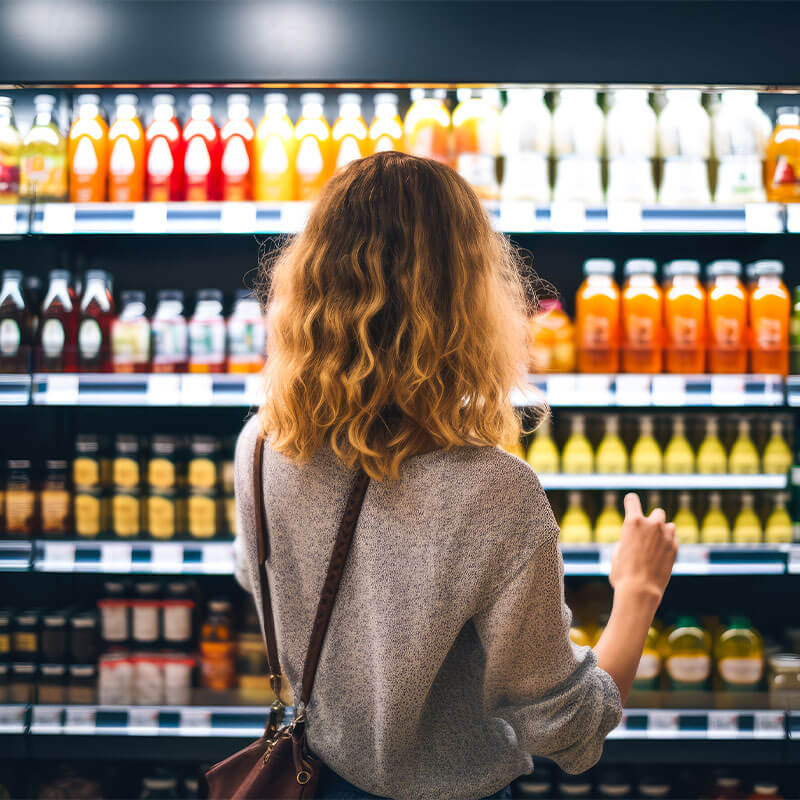 A woman looking at rows of products in a supermarket fridge.