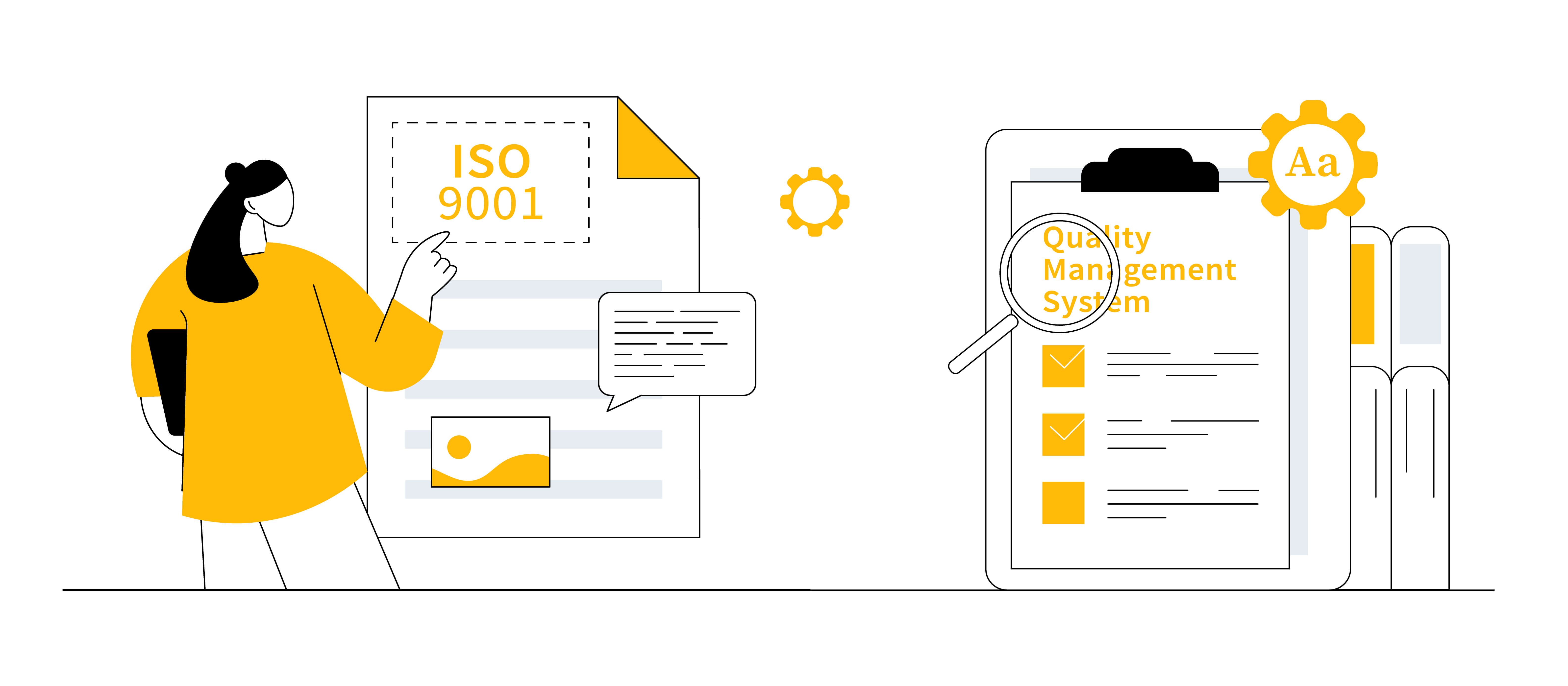 A person reading a ISO 9001 document and QMS graphic.