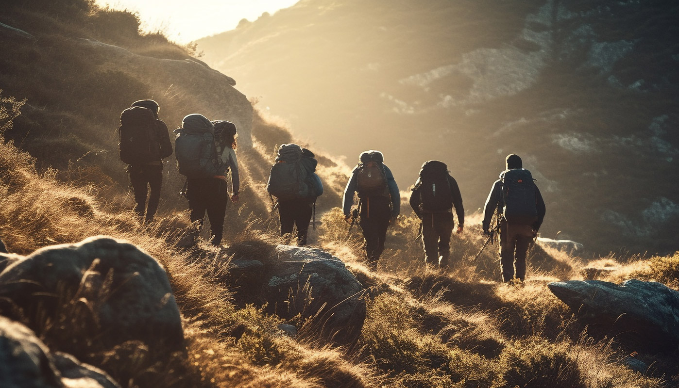 Multiple people trekking on holiday