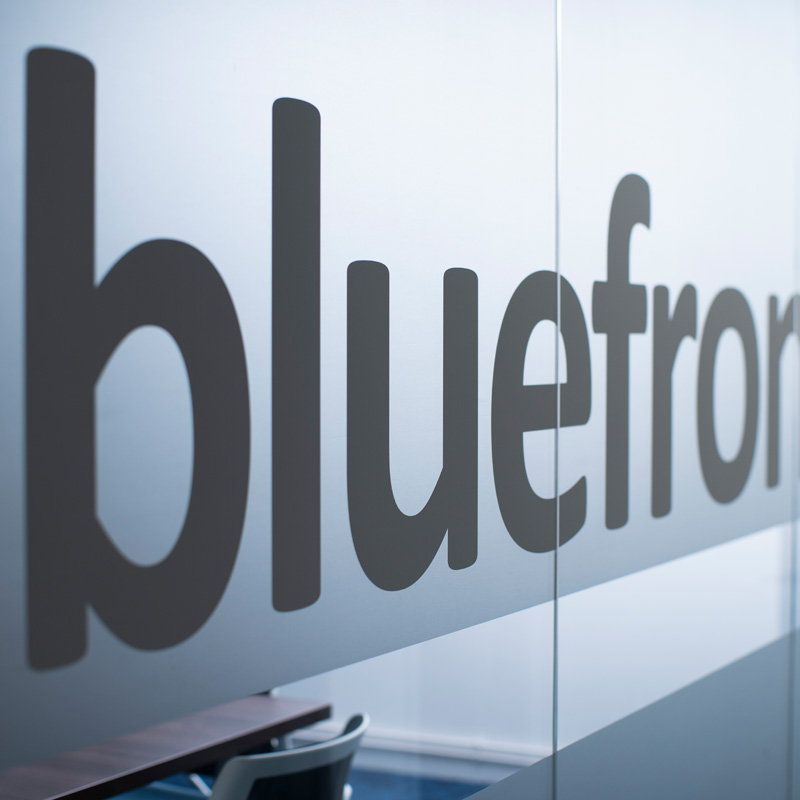 Blue Frontier signage on glass in Salisbury Office