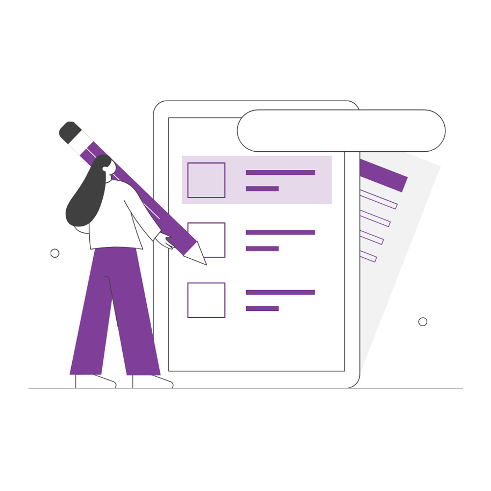 a lady holding a pencil looking at a document in a contemporary illustrative style