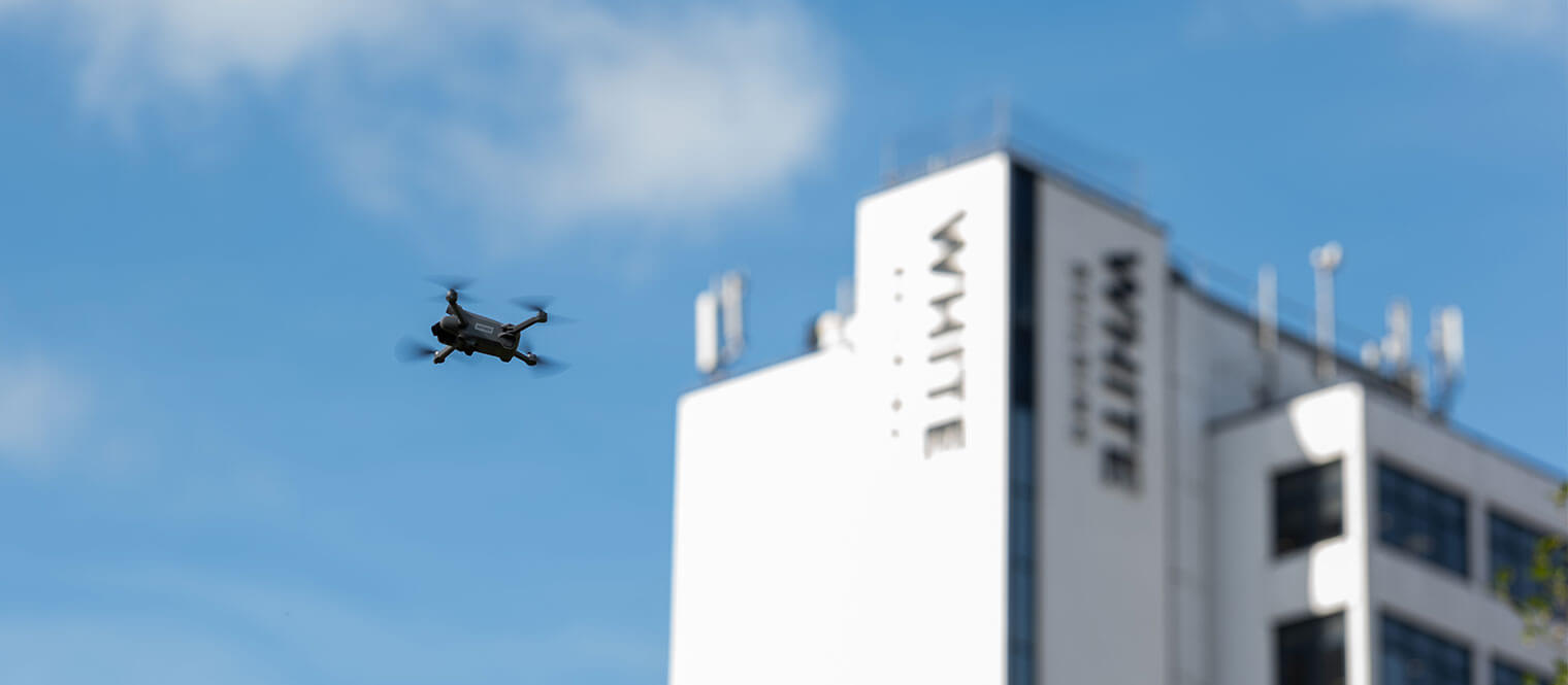 A drone flying near Southampton White Building.