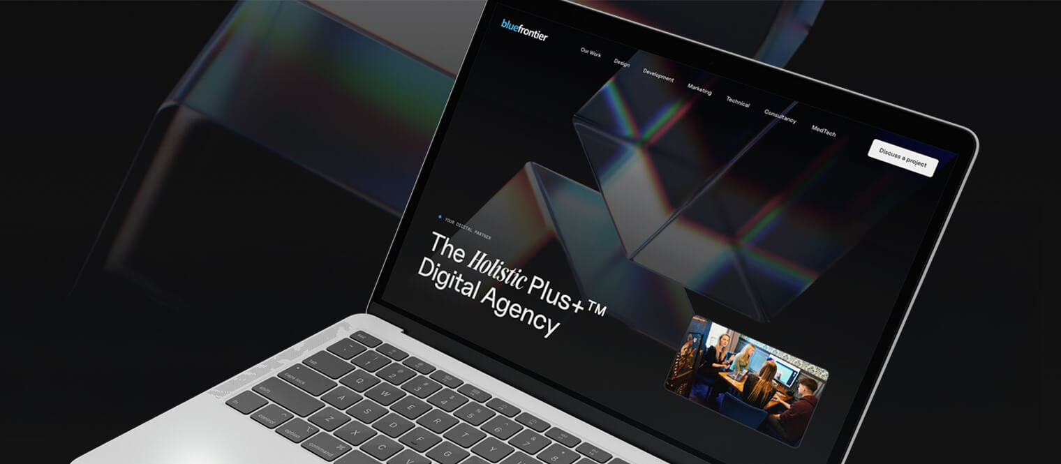 An open laptop displaying the new Blue Frontier website