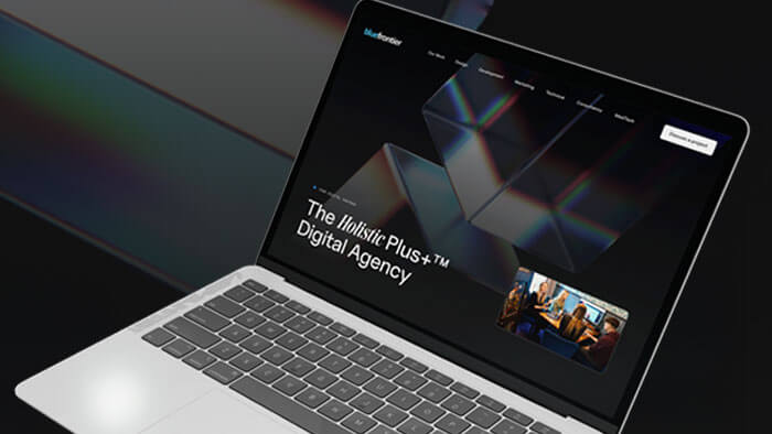 An open laptop displaying the new Blue Frontier website