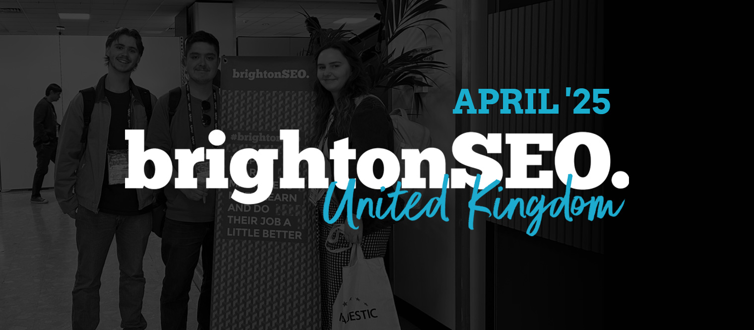 a bright white and blue Brighton SEO logo overlaid on top of a dark background