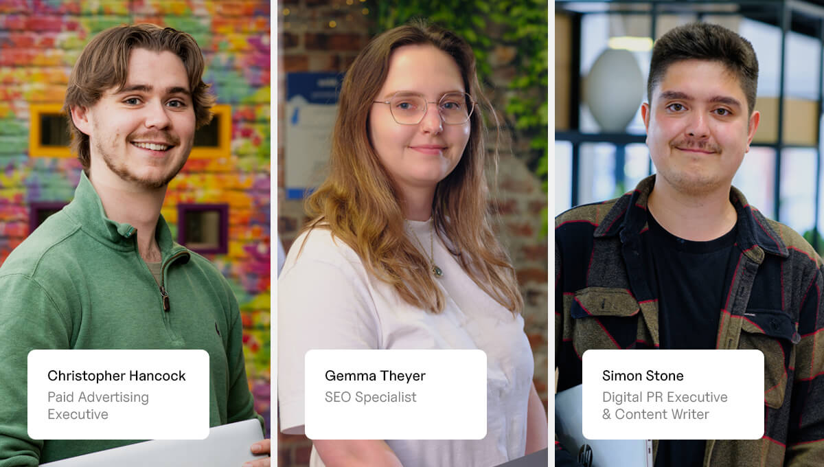 a collage of the three team members who attended Brighton SEO with their name and job title underneath