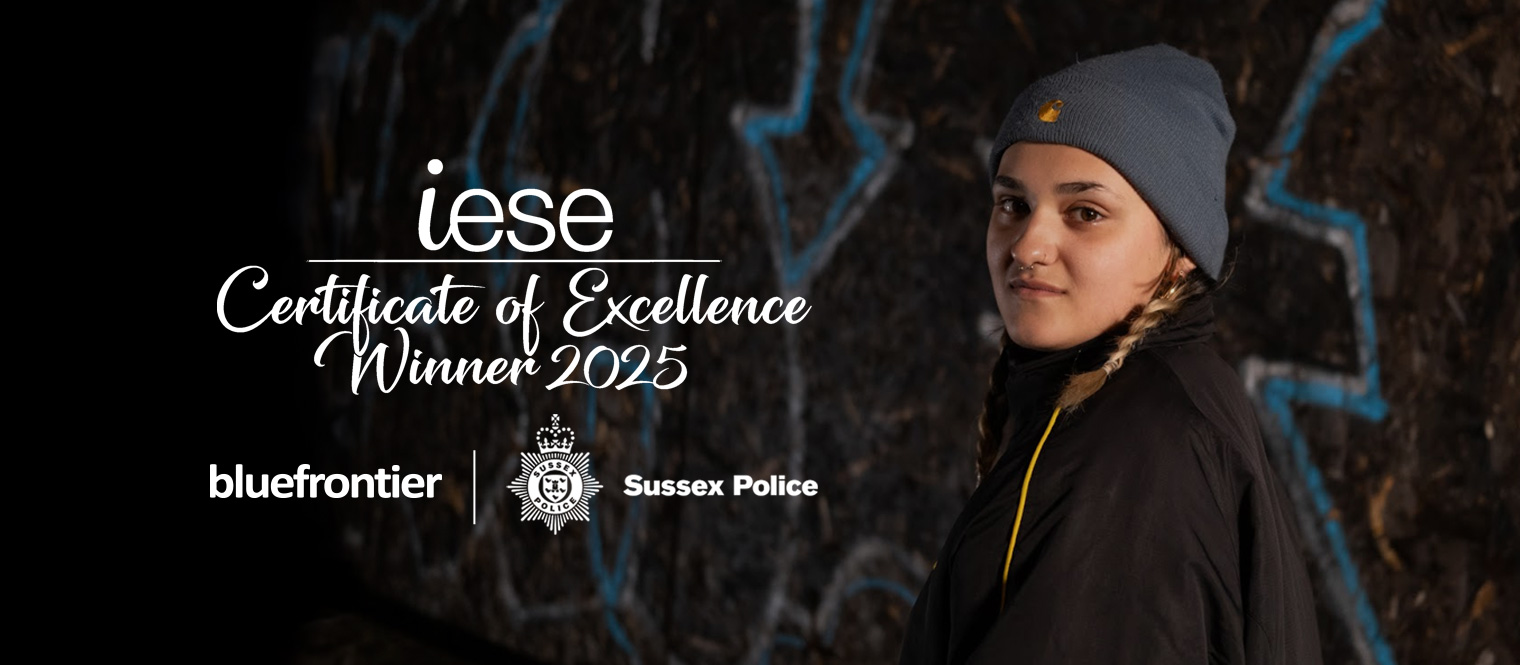 Girl from Sussex Police campaign alongside the iese logo and Certificate of Excellence Winner 2025 text.