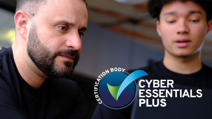 Michael Raisbeck and Jamie Allen with Cyber Essentials Plus Certification Body logo. 