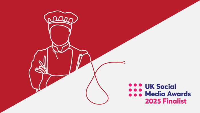 UK Social Media Awards 2025 Finalist logo, with an illustration representing our work for Lutosa and British Cables Company.