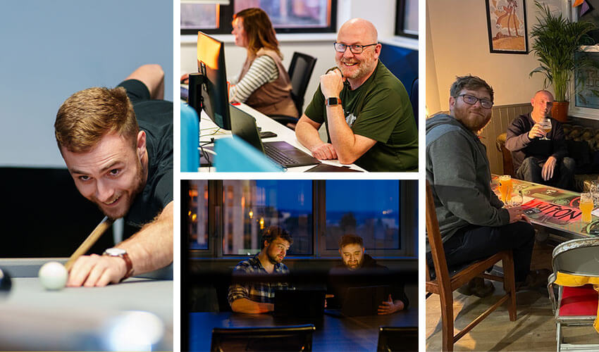 A collage of the team working and enjoying social events.