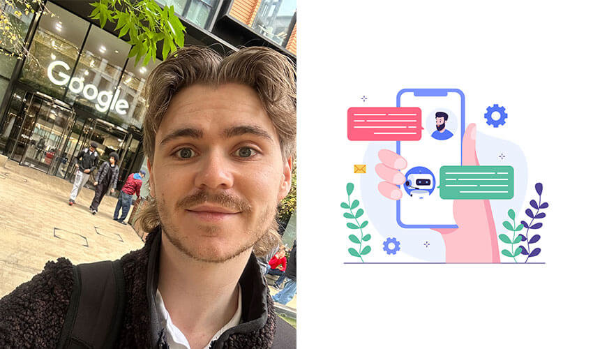 A collage of Chris outside Google's building and an AI text chat graphic.