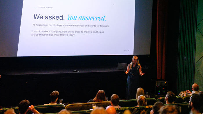 Blue Frontier conference speaker and audience.