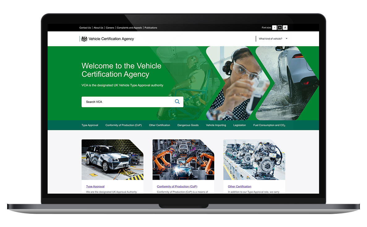 a screenshot of the vehicle certification agency website we built for the uk goverment